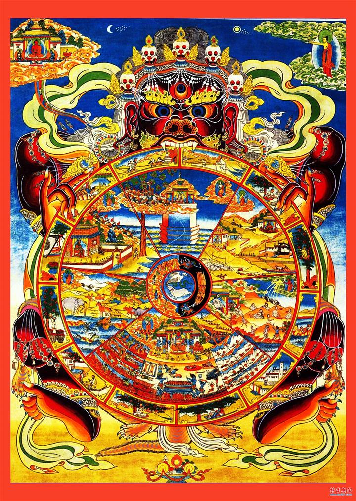 六道轮回图 六道轮回图是佛教解释六道轮回的图画,图中转轮圣王手抱
